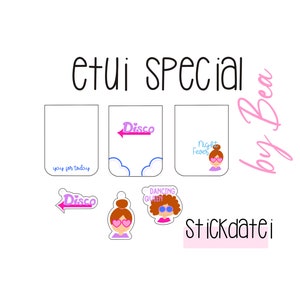 May include: A set of six colorful stickers with various designs, including a disco ball, a dancing queen, and a night fever theme. The stickers are labeled "Stickdatei by Bea".
