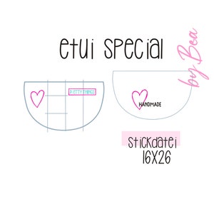 May include: A digital download pattern for a special etui, or small case, with a heart design. The pattern includes instructions for a 16x26 cm stickdatei, or embroidery file. The pattern is by Petty Things.