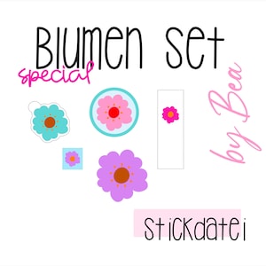Könnte beinhalten: Eine digitale Grafik mit dem Text Blumen set, special, by Bea und stickdatei. Das Design enthält fünf verschiedene Blumenillustrationen in verschiedenen Farben, darunter Türkis, Pink, Lila und Orange, angeordnet auf einem weißen Hintergrund.