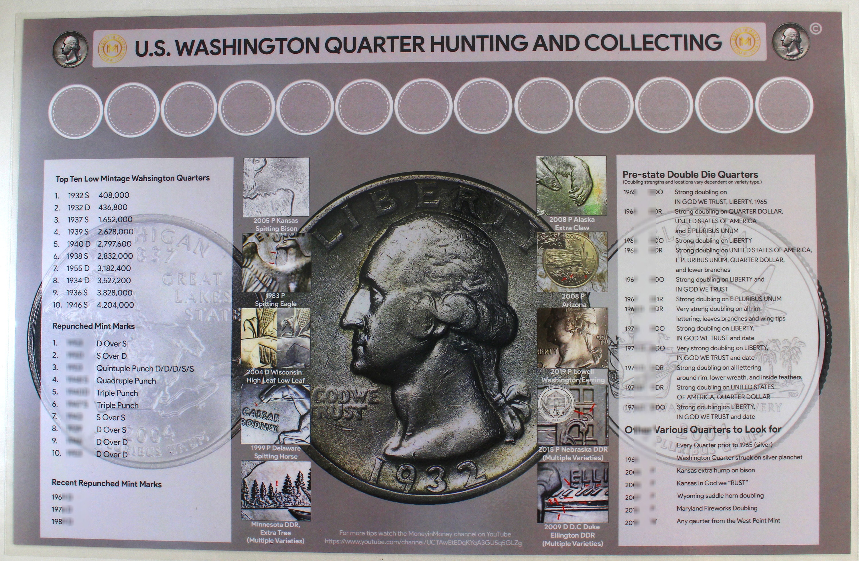 U,S. Washington Quarter Hunting and Collecting 11" x 17" Coin Roll Sorting Mat