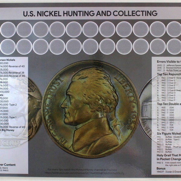 U.S. Nickel Hunting and Collecting Coin Roll 11" x 17" Sorting Mat