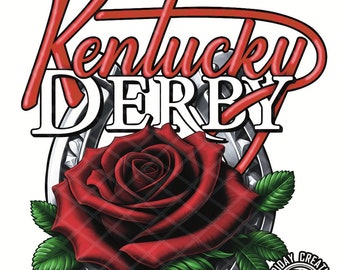 Puede incluir: Gráfico con las palabras "Kentucky Derby" en rojo y blanco, con una gran rosa roja en el centro. La rosa está rodeada por un diseño de herradura plateada y hojas verdes. Fondo blanco.