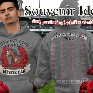 Puede incluir: Una sudadera con capucha gris con un diseño de caballo y rosas en la parte delantera y una lista de ganadores del Kentucky Derby en la parte posterior. El texto en la parte delantera dice "Kentucky Derby Winner 148th Anniversary 2024 Mystik Dan Churchill Downs - Louisville, Kentucky May 4, 2024". El texto en la parte posterior dice "Run for the Roses 150 Years of Winners".