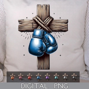 Op de afbeelding: Een digitale afbeelding met een houten kruis met een touw eromheen. Twee blauwe bokshandschoenen hangen aan het kruis. De woorden "DIGITAL PNG" staan onderaan de afbeelding.