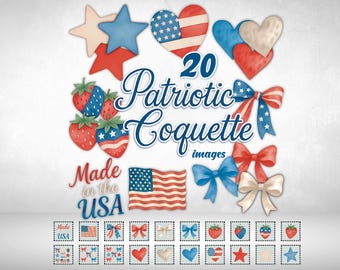 Paquete de imágenes prediseñadas de coqueta patriótica: acuarela de EE. UU., lazos y estrellas (descarga digital)