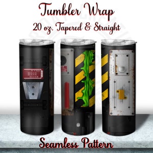 May include: Three 20 oz. tapered and straight tumbler wraps with a seamless pattern. The wraps feature a black background with various panels, including a red label, yellow and black stripes, and green slime.