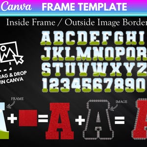 May include: A graphic illustrating a Canva frame template with the text "FRAME TEMPLATE" and "Inside Frame / Outside Image Border." The image shows the alphabet and numbers with a landscape design, and instructions to drag and drop images.