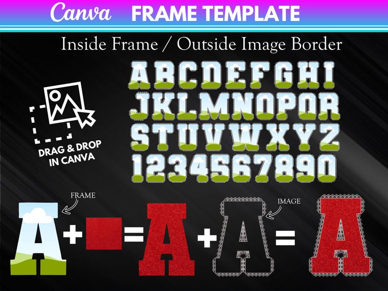 May include: A graphic illustrating a Canva frame template with the text "FRAME TEMPLATE" and "Inside Frame / Outside Image Border." The image shows the alphabet and numbers with a landscape design, and instructions to drag and drop images.