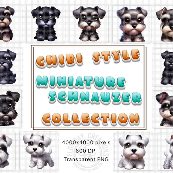 Chibi Style  Miniature Schnauzer Clipart - 13 Colorful Dog Poses for Crafting & Decor - PNG Files, Perfect for Dog Lovers
