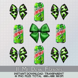 May include: Eleven different flavors of Mountain Dew soda cans with green and white labels. Each can is surrounded by a green bow with a white rhinestone in the center. The text "11 Mt Dew Flavors" is at the top of the image. The text "INSTANT DOWNLOAD - TRANSPARENT" is below the image. The text "44 PNG FILES TOTAL 4000 x 4000 300 DPI" is at the bottom of the image.