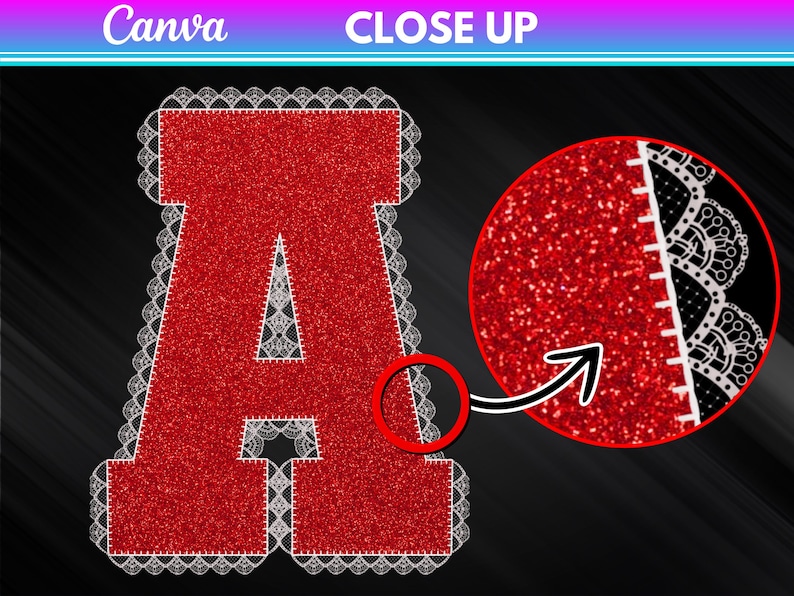 May include: A large, red glitter letter "A" with a white lace trim. A close-up shows the glitter texture and lace detail. The word "Canva" and "CLOSE UP" are at the top.