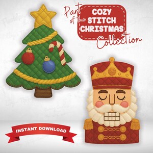 Puede incluir: Ilustración de un árbol de Navidad y un cascanueces. El árbol verde tiene una estrella amarilla, adornos rojos y azules y un bastón de caramelo. El cascanueces lleva un uniforme rojo y una corona dorada. Texto: "Part of the Cozy Stitch Christmas Collection."
