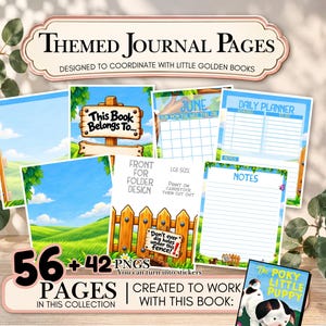 May include: A collection of printable themed journal pages featuring blue skies, green hills, and wooden fences. Text includes "Themed Journal Pages," "This Book Belongs To," "June," "Daily Planner," "Notes," and "Don't ever dig holes under this fence!" with 56 plus 42 PNGs.