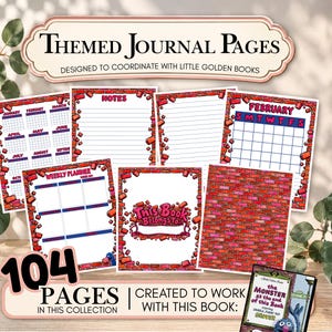 May include: A collection of 104 printable journal pages featuring a red brick border design. The set includes monthly calendars, note pages, a weekly planner, and a title page with the text This Book Belongs To, alongside a book cover image.