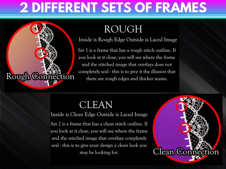 May include: An image showcasing two frame designs: "Rough" and "Clean." The "Rough" frame has a rough stitch outline, while the "Clean" frame has a clean stitch outline. Each frame features a circular design with a white lace pattern. Text explains the differences.