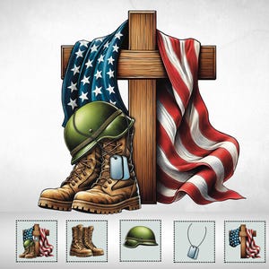 May include: A wooden cross draped with an American flag, a military helmet, and a pair of brown leather boots. The boots have dog tags hanging from them. The image is a patriotic tribute to those who have served in the military.