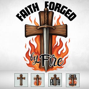 Könnte beinhalten: Grafikdesign mit einem Holzkreuz, durch das ein Schwert gestoßen ist, vor einem Hintergrund aus Flammen. Die Worte "FAITH FORGED" sind darüber gebogen, darunter "by Fire". Zusätzliche Kreuzdesigns befinden sich unten.