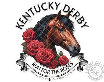 May include: A black and brown horse with a black mane and tail, surrounded by red roses, with a white banner that reads "Run for the Roses" and the text "Kentucky Derby, Churchill Downs, Louisville, Kentucky".