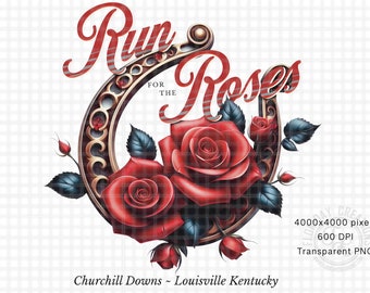 Puede incluir: Una herradura dorada con rosas rojas y hojas verdes. La herradura tiene las palabras "Run for the Roses" escritas en ella. El texto "Churchill Downs - Louisville Kentucky" está en la parte inferior de la imagen.