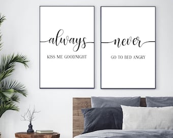 Siempre bésame buenas noches, nunca vayas a la cama enojado, Lámina imprimible de pared, citas de dormitorio, decoración arriba de la cama