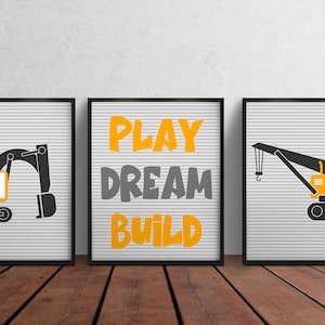 Set of 3 Construction Wall Art Prints, Digger, Crane, Nursery Decor, Prints for Boys, Construction Wall Art Decor, Child Bedroom Decor