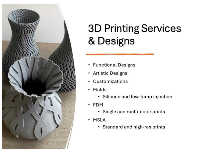 May include: Three gray 3D-printed vases with intricate openwork designs. The vases vary in shape and size, showcasing the capabilities of 3D printing. Text on the right reads "3D Printing Services & Designs."