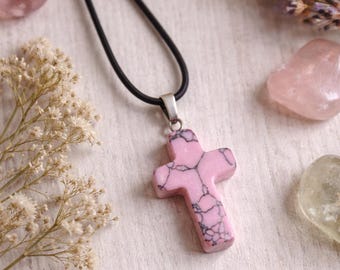 Pink Howlite Cross Pendant Necklace – Spiritual Boho Jewelry