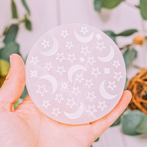 Moon Star Selenite Charging Plate - Selenite Quartz Crystal - Large Selenite Plate - Etched Selenite Tray - Selenite Crystal Slabs