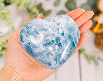 Large Blue Calcite Hearts - Natural Blue Calcite Crystal - Tumbled Calcite Heart Carving Specimen - Blue Calcite Minerals - Natural Calcite