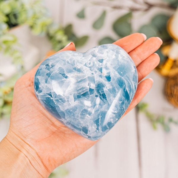 Large Blue Calcite Hearts - Natural Blue Calcite Crystal - Tumbled Calcite Heart Carving Specimen - Blue Calcite Minerals - Natural Calcite