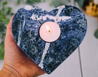 Raw Sodalite Heart Cluster Candle Holder - Sodalite Cluster Candle Holders - Sodalite Stone - Natural Sodalite Quartz Gifts - Rough Sodalite