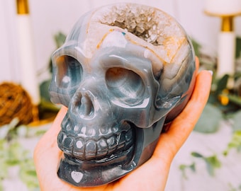 Crystal Skull Large Druzy Agate Skulls - Agate Skull Carving - Hand Carved Druzy Agate Geode Head Skulls - Crystal Skull Carvings