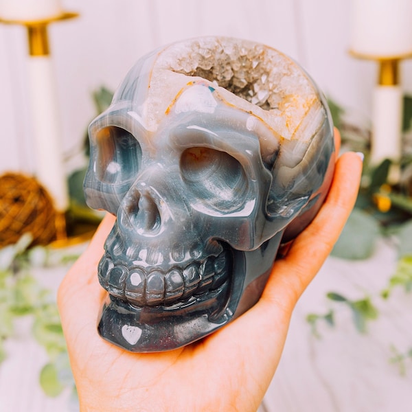 Cráneos de cristal grandes de ágata drusa - Tallado de cráneo de ágata - Cráneos con cabeza de geoda de ágata drusa tallados a mano - Tallados de cráneo de cristal