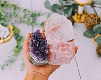 3 Piece Crystal Healing Gift Set - Crystals Gift Box Set - Crystal Gifts for Her - Amethyst Cut Base - Rose Quartz - Clear Quartz