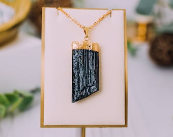 Raw Black Tourmaline Pendant, Gold Plated, Black Tourmaline Jewelry, Black Tourmaline Necklace, Gift, Healing Crystals