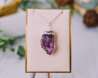 Silver Plated Amethyst Necklace - Raw Amethyst Pendant - Amethyst Crystal Jewelry - Amethyst Stone Necklace Real Crystal Healing Jewelry