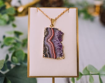 Gold Plated Amethyst Necklace Slice - Raw Amethyst Necklace - Natural Amethyst Handmade Pendant - Crystal Jewelry - Healing Crystals