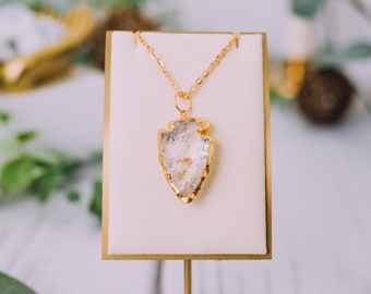 Gold Plated Clear Quartz Arrowheads Necklaces - Clear Quartz Silver Necklace Pendant - Clear Quartz Crystal Necklace - Crystal Jewelry