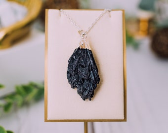 Silver Plated Kyanite Blade Necklace - Black Kyanite Pendant Jewelry - Kyanite Fans - Healing Crystal Jewelry - Black Kyanite Blade Pendant