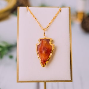 Gold Plated Carnelian Arrowheads Necklaces - Carnelian Gold Necklace Pendant - Carnelian Crystal Necklace - Crystal Jewelry Necklaces