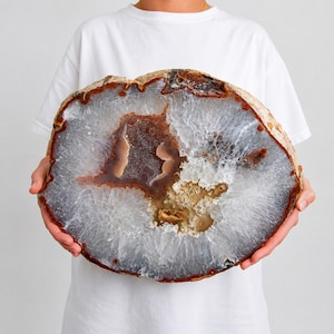 May include: A large, circular agate geode slice featuring a translucent, crystalline center in shades of white, gray, and pale brown, surrounded by a distinct, textured, reddish-brown outer crust with natural mineral formations throughout.