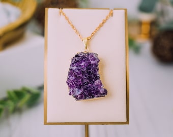 Gold Plated Amethyst Pendant, Raw Amethyst Necklace, Amethyst Cluster Necklace, Gold and Silver Chain, Gift, Gold Bail, Gold Plated