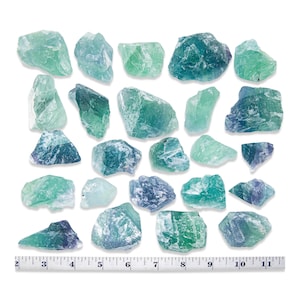 May include: A collection of raw fluorite crystals in shades of green and blue, arranged on a white surface. The crystals vary in size and shape, with a ruler showing measurements up to 11 inches.