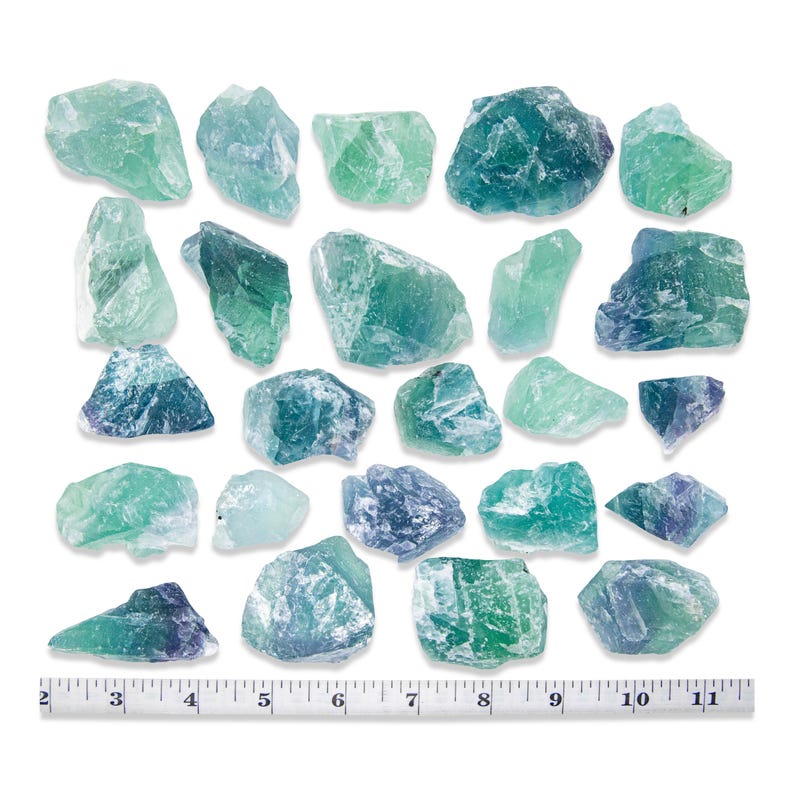 May include: A collection of raw fluorite crystals in shades of green and blue, arranged on a white surface. The crystals vary in size and shape, with a ruler showing measurements up to 11 inches.