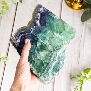 Rainbow Fluorite Slab Large - Fluorite Polished Mineral - Fluorite Gemstone Tumble - Raw Fluorite Slabs Tumble Green Gemstone Specimen Geode