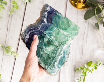 Rainbow Fluorite Slab Large - Fluorite Polished Mineral - Fluorite Gemstone Tumble - Raw Fluorite Slabs Tumble Green Gemstone Specimen Geode