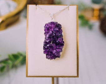 Silver Plated Raw Amethyst Pendant, Amethyst Necklace, Amethyst Cluster Necklace, Gold and Silver Chain, Gift, Silver Bail