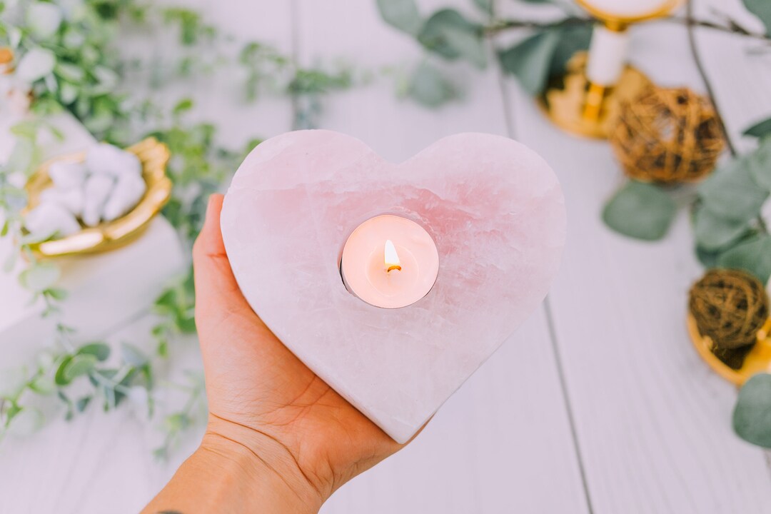 Raw Rose Quartz Heart Cluster Candle Holder Rose Quartz Cluster Candle