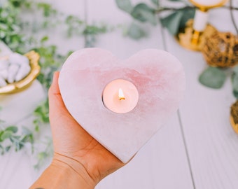 Raw Rose Quartz Heart Cluster Candle Holder - Rose Quartz Cluster Candle Holders - Rose Quartz Stone - Natural Rose Quartz Gifts