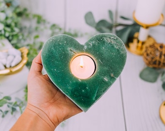 Raw Green Aventurine Heart Cluster Candle Holder - Green Aventurine Cluster Candle Holders - Green Aventurine Stone Natural Green Aventurine